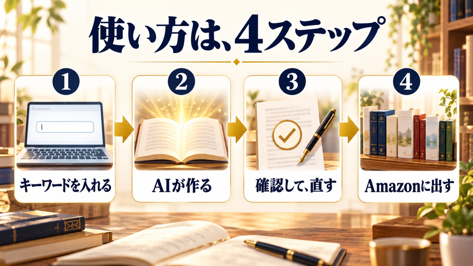 使い方は、4ステップ。1 キーワードを入れる、2 AIが作る、3 確認して、直す、4 Amazonに出す