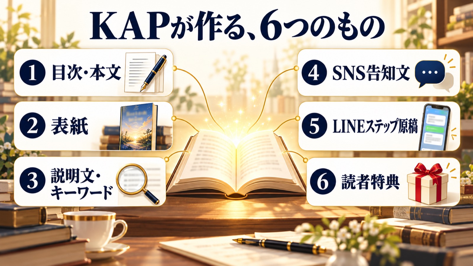 KAPが作る、6つのもの。1 目次・本文、2 表紙、3 説明文・キーワード、4 SNS告知文、5 LINEステップ原稿、6 読者特典