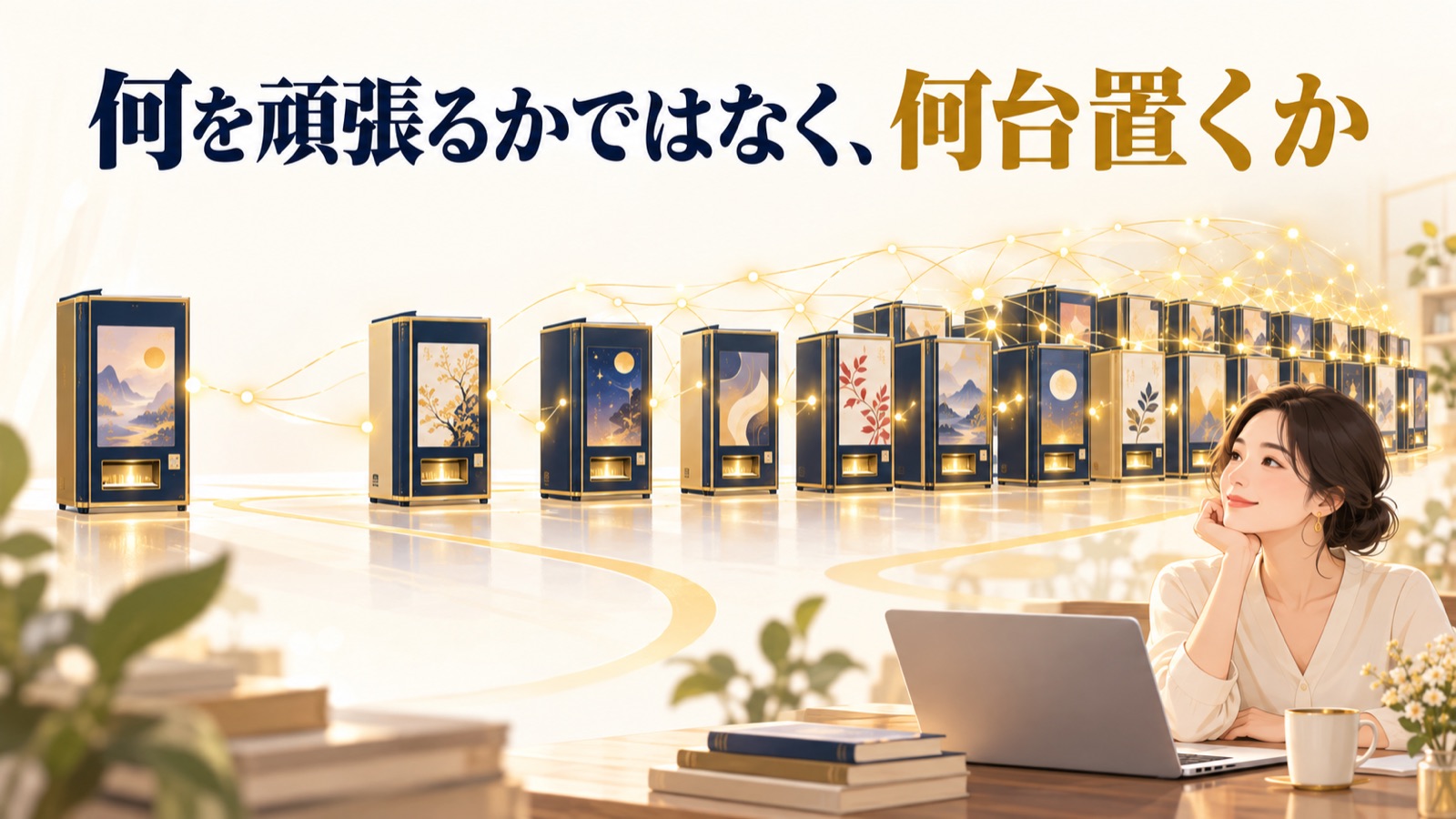 何を頑張るかではなく、何台置くか。本の自動販売機がずらりと並ぶイラスト