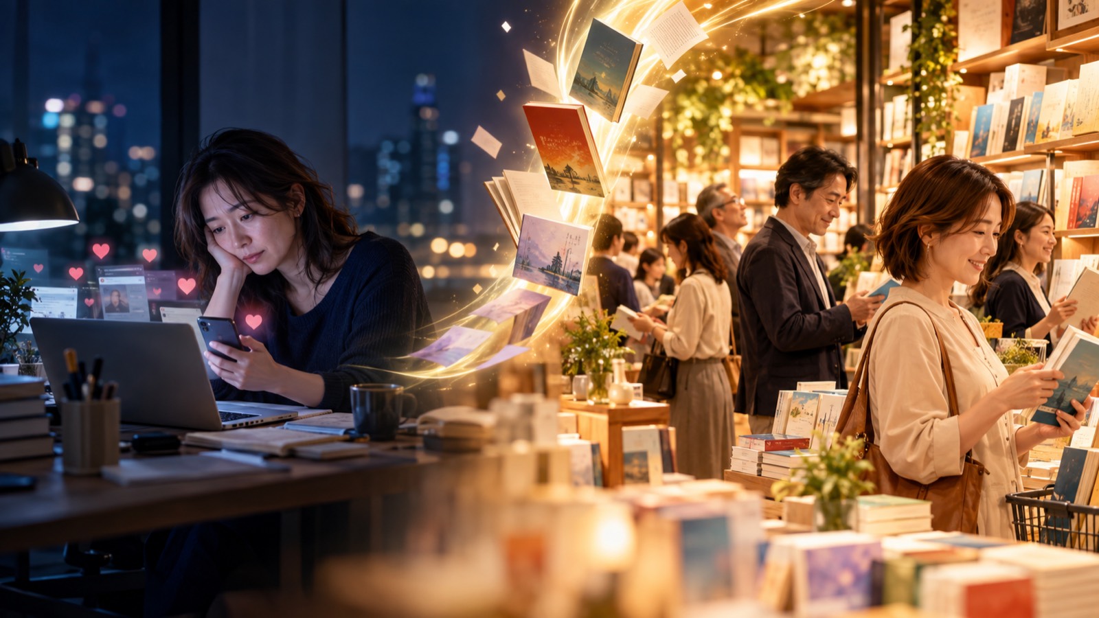 夜遅くまでSNS投稿を続けて疲れた人と、本を手に取って選ぶ人でにぎわう書店